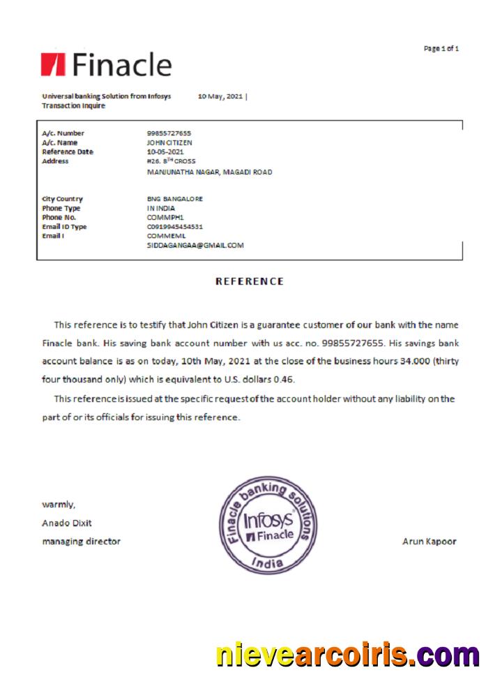 India Finacle bank reference